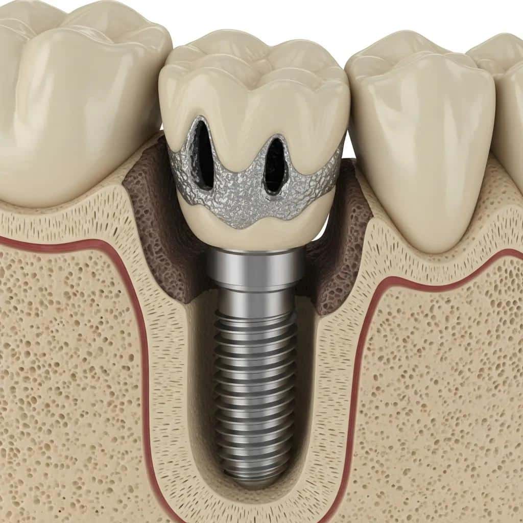 Dental implant in a jawbone model showing areas of bone loss
