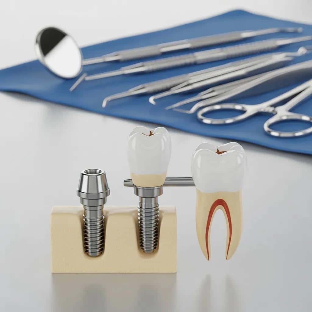Model showing a traditional dental implant next to a natural tooth