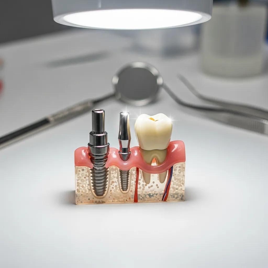 Dental implant model on a professional dental workspace, highlighting its components and tools