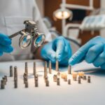 Dental implants made of titanium and zirconia displayed on a table in a clinical setting