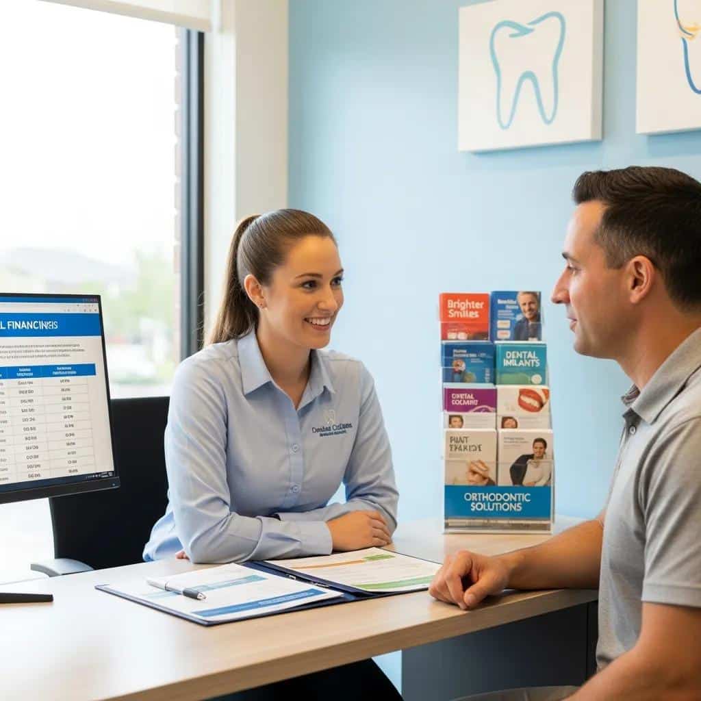 Dental office staff explaining financing options to a patient in a welcoming environment