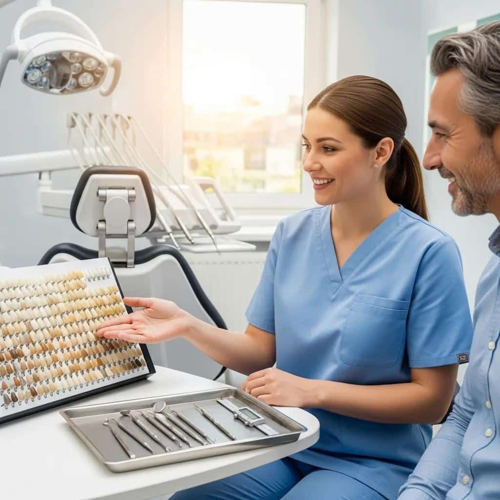 Patient and dental professional reviewing options to create natural-looking dental implants