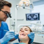 Dental professional discussing mini dental implants with a patient in a modern clinic