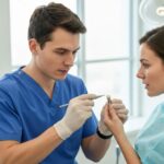 Dental professional examining a dental implant in a clinical setting