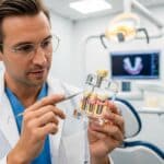 Dental professional examining a dental implant model in a clinical setting