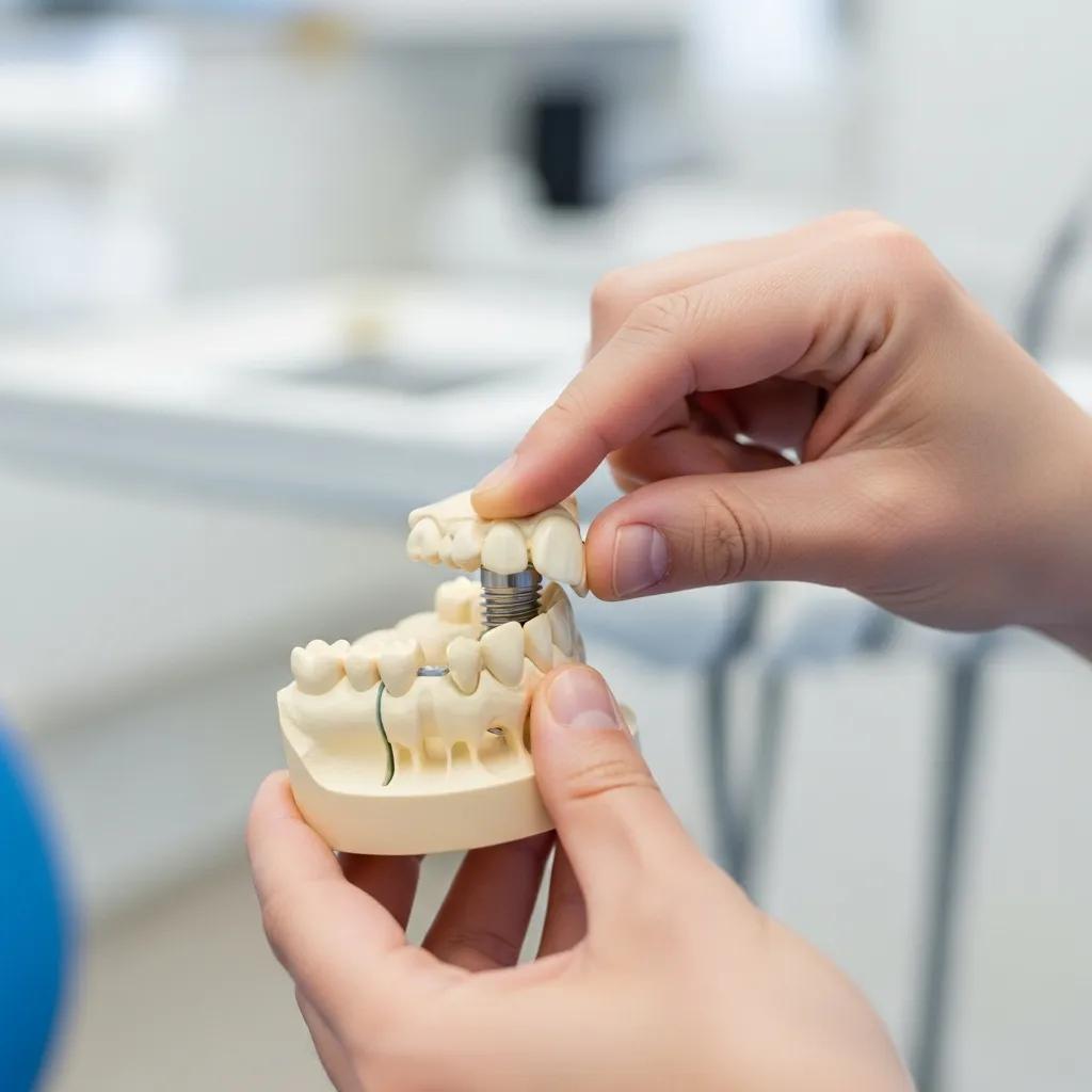 Dental professional examining a dental implant model to demonstrate loosening symptoms