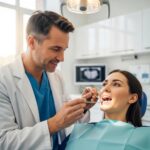 Dental professional examining a dental implant with a patient in a clinical setting