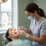 Dental professional examining a patient for dental implants