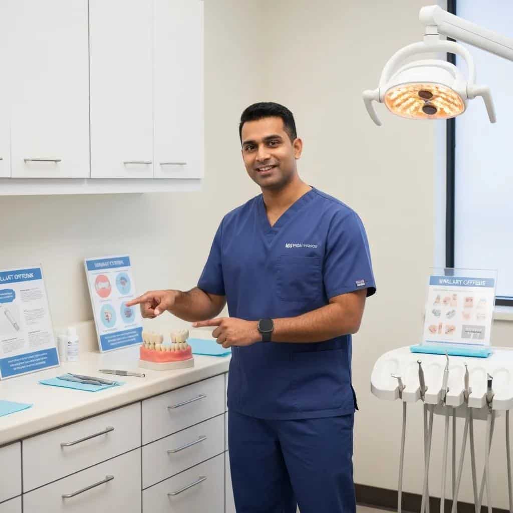Dental professional explaining factors influencing dental implant success to a patient in a clinical setting