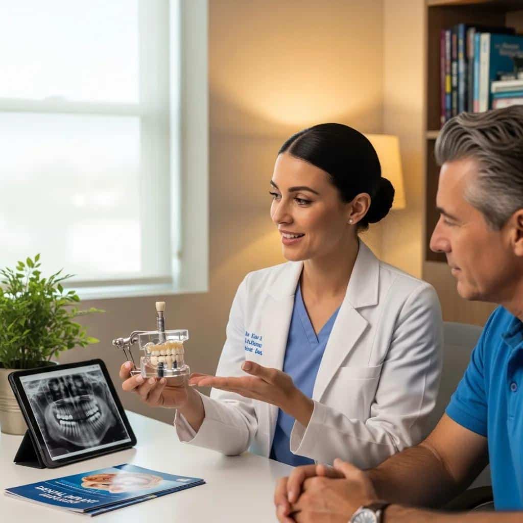 Dental professional explaining the implant procedure to a patient, emphasizing care and clarity