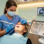 Dental professional performing a mini dental implant procedure in a modern clinic