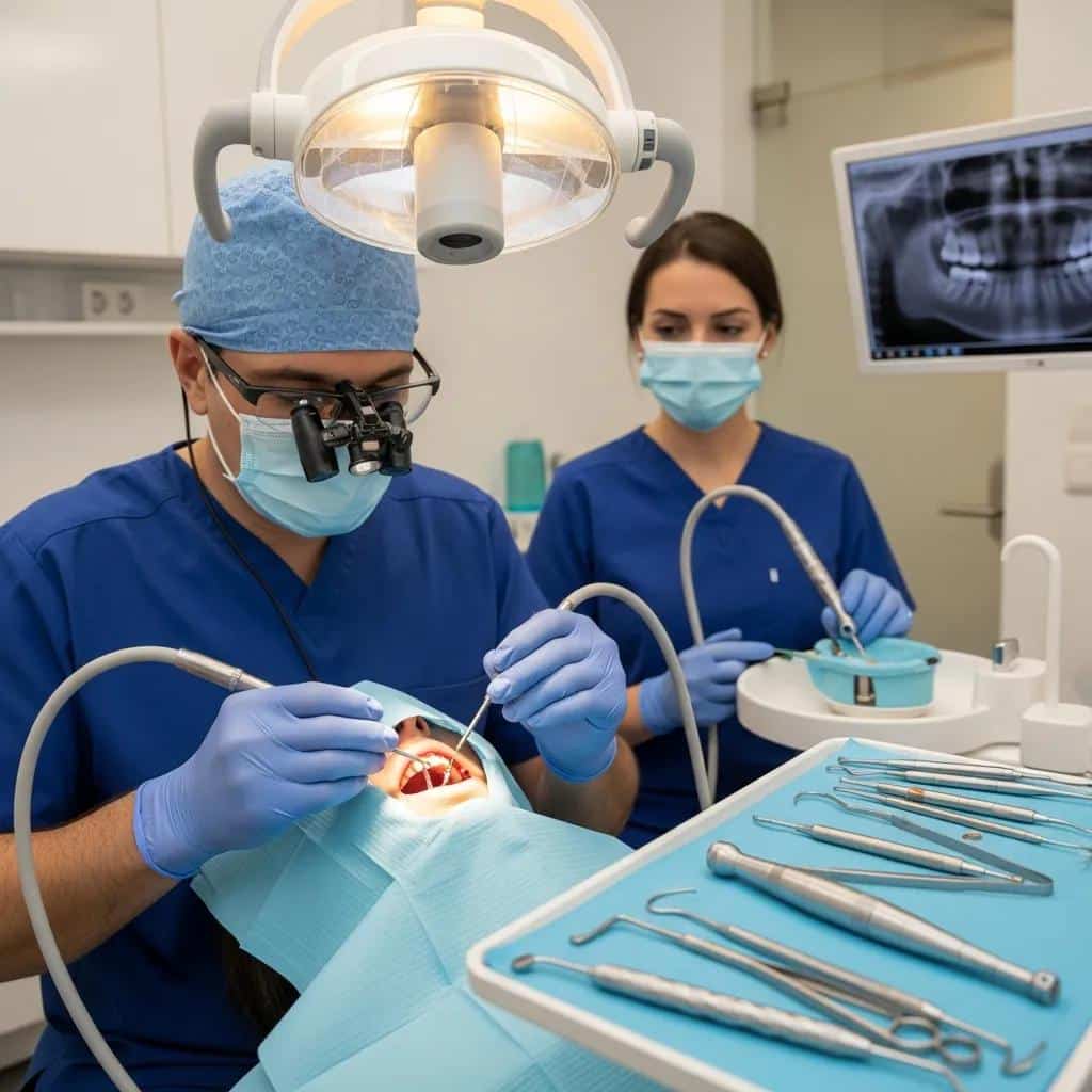 Dental professional performing a mini dental implant procedure in a modern dental office