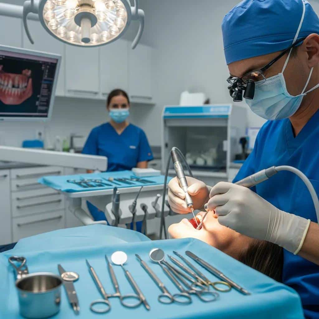 Dental professional performing an implant procedure, showcasing the surgical process involved in dental implants