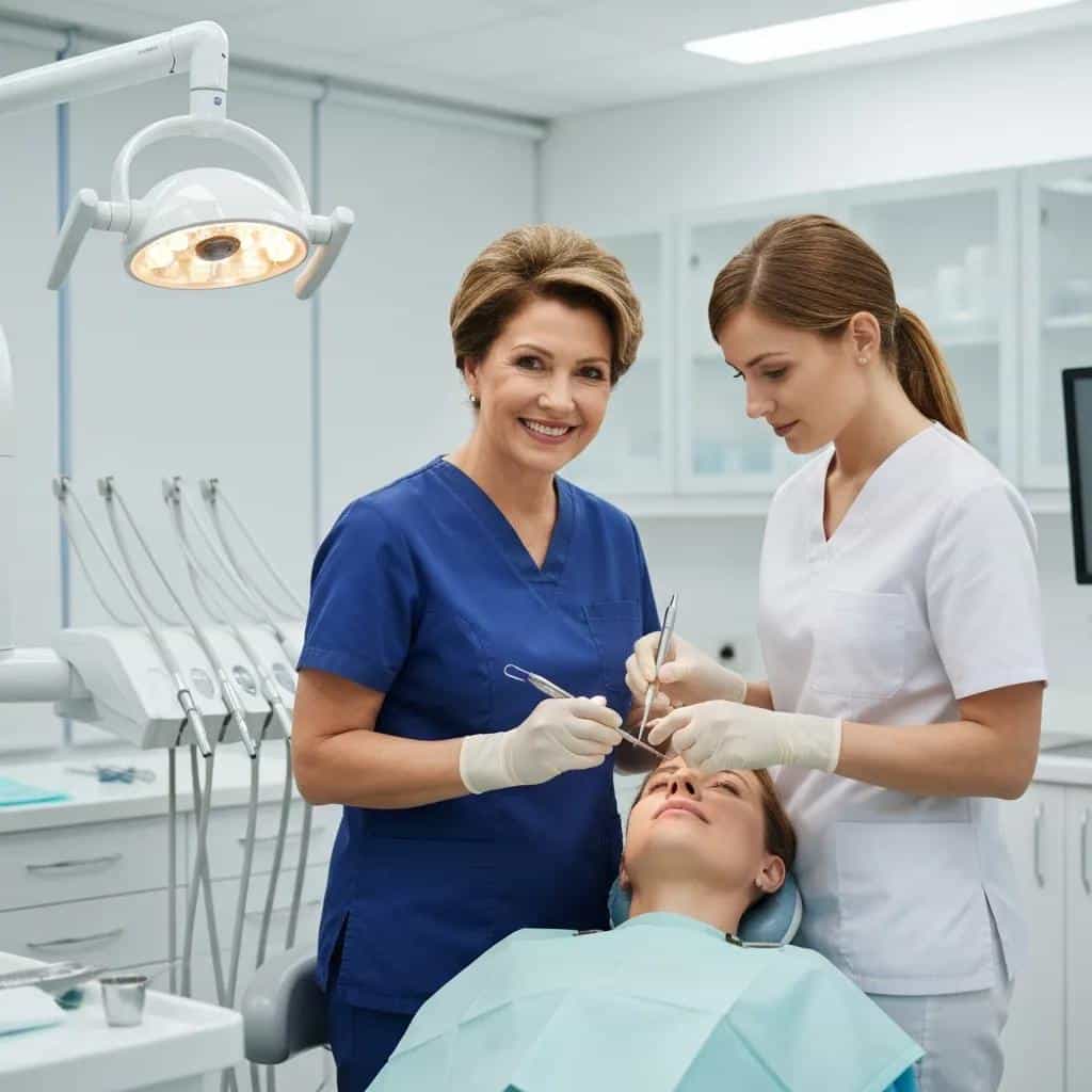 Dental team performing bone graft preparation for implants
