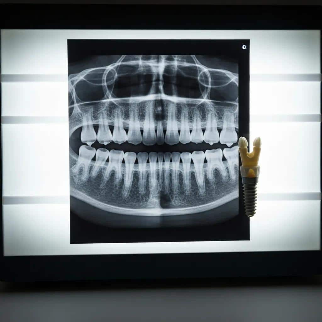Dental x-ray and implant model illustrating jawbone considerations
