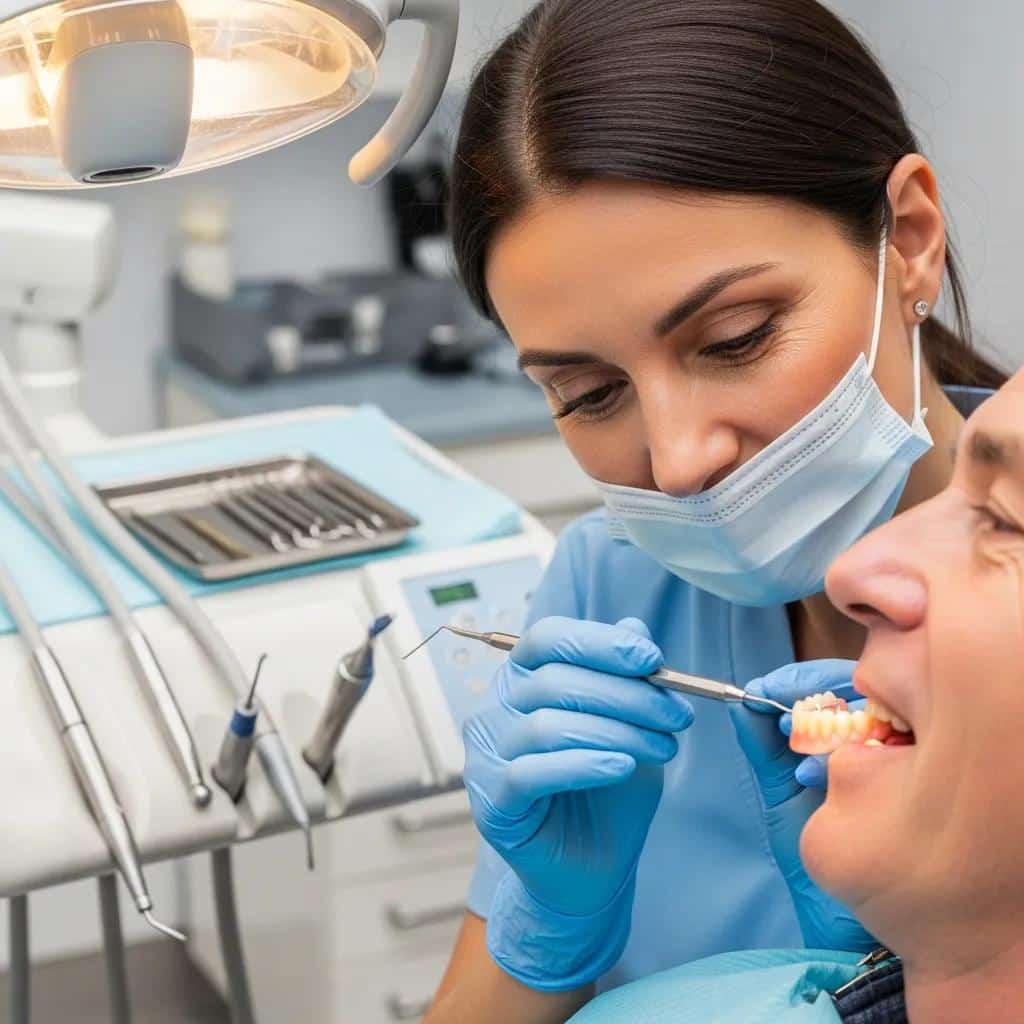 Dentist adjusting dentures for a patient, emphasizing comfort and care