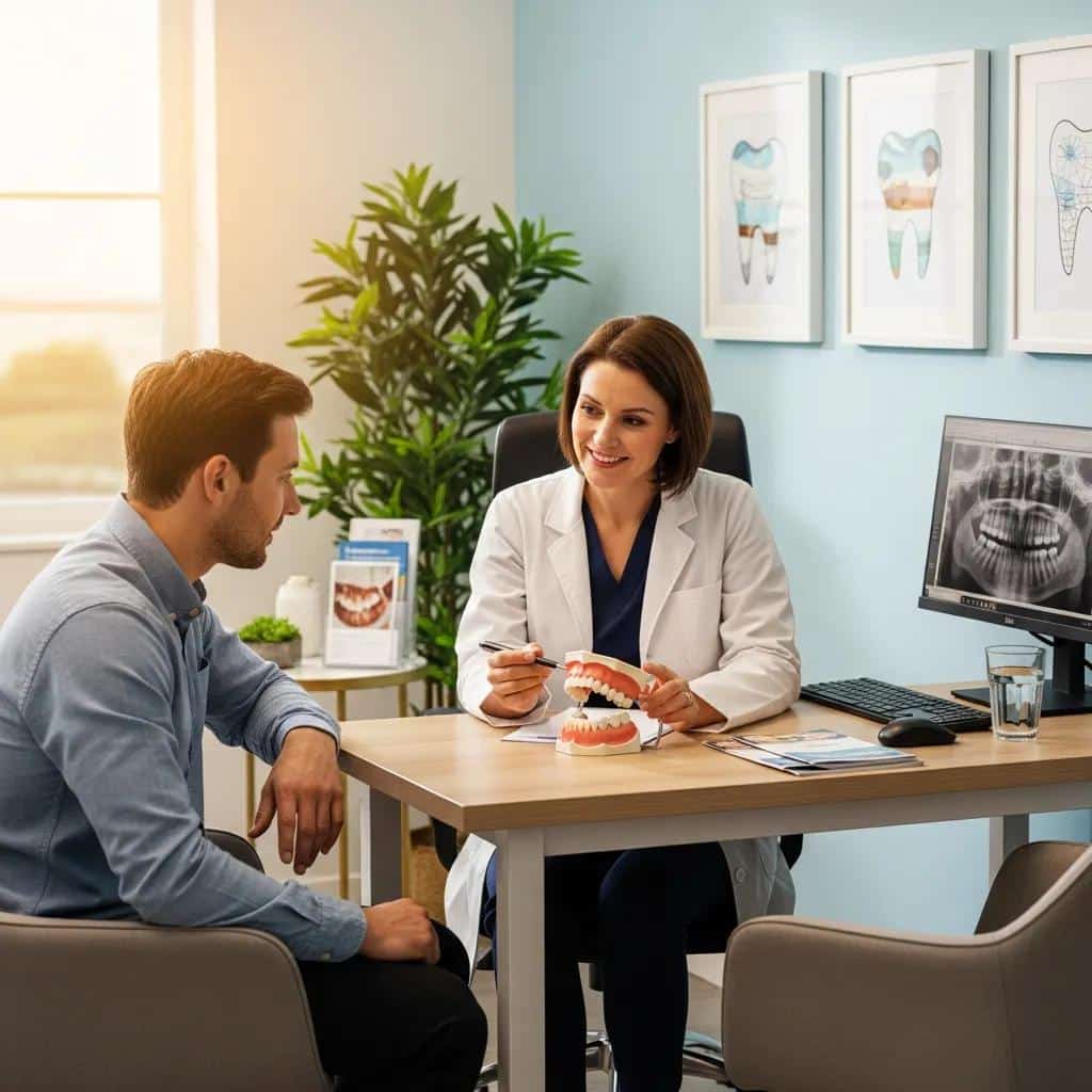 Dentist and patient discussing affordable implant options in a welcoming dental office