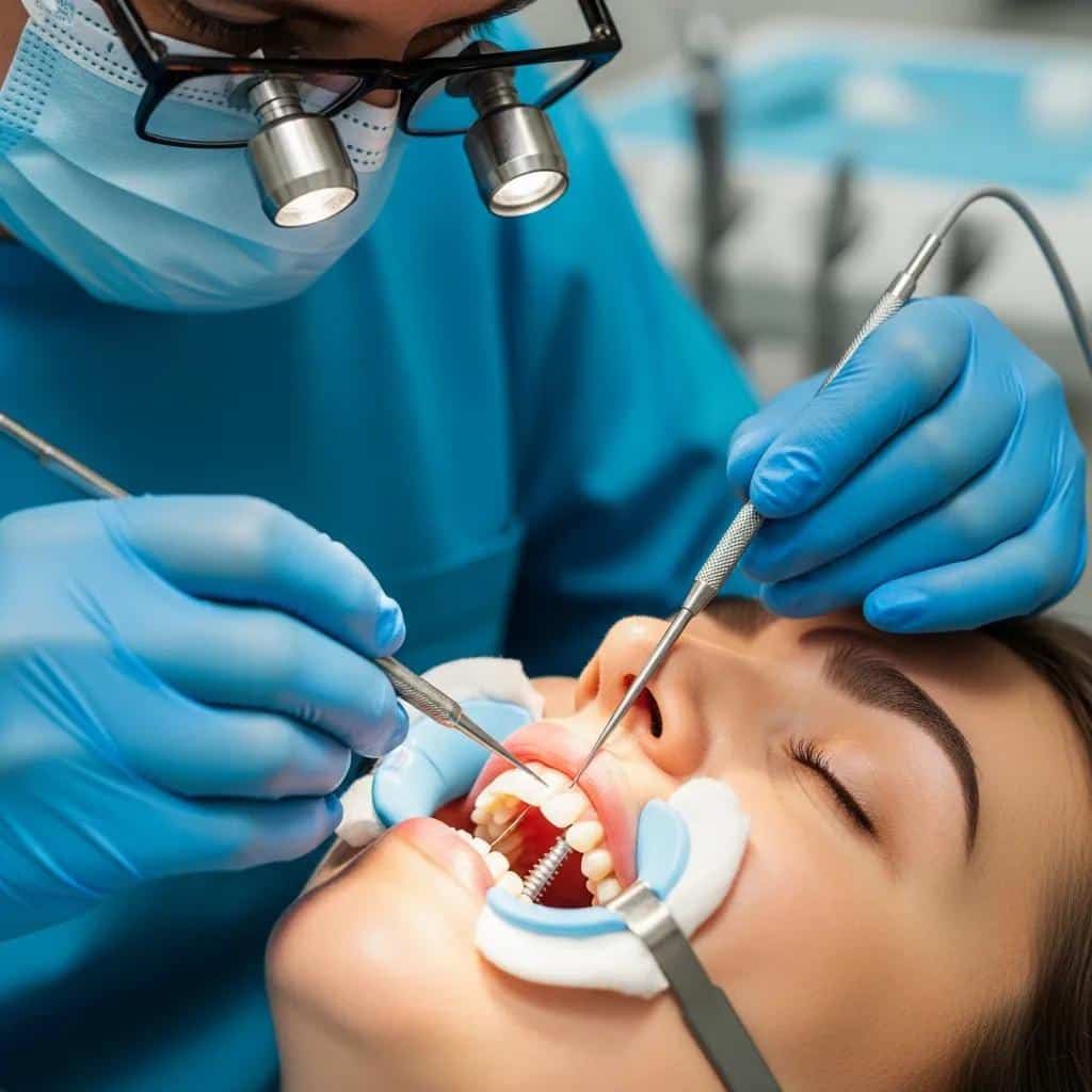 Dentist performing a mini dental implant procedure on a patient, showcasing the surgical tools and care
