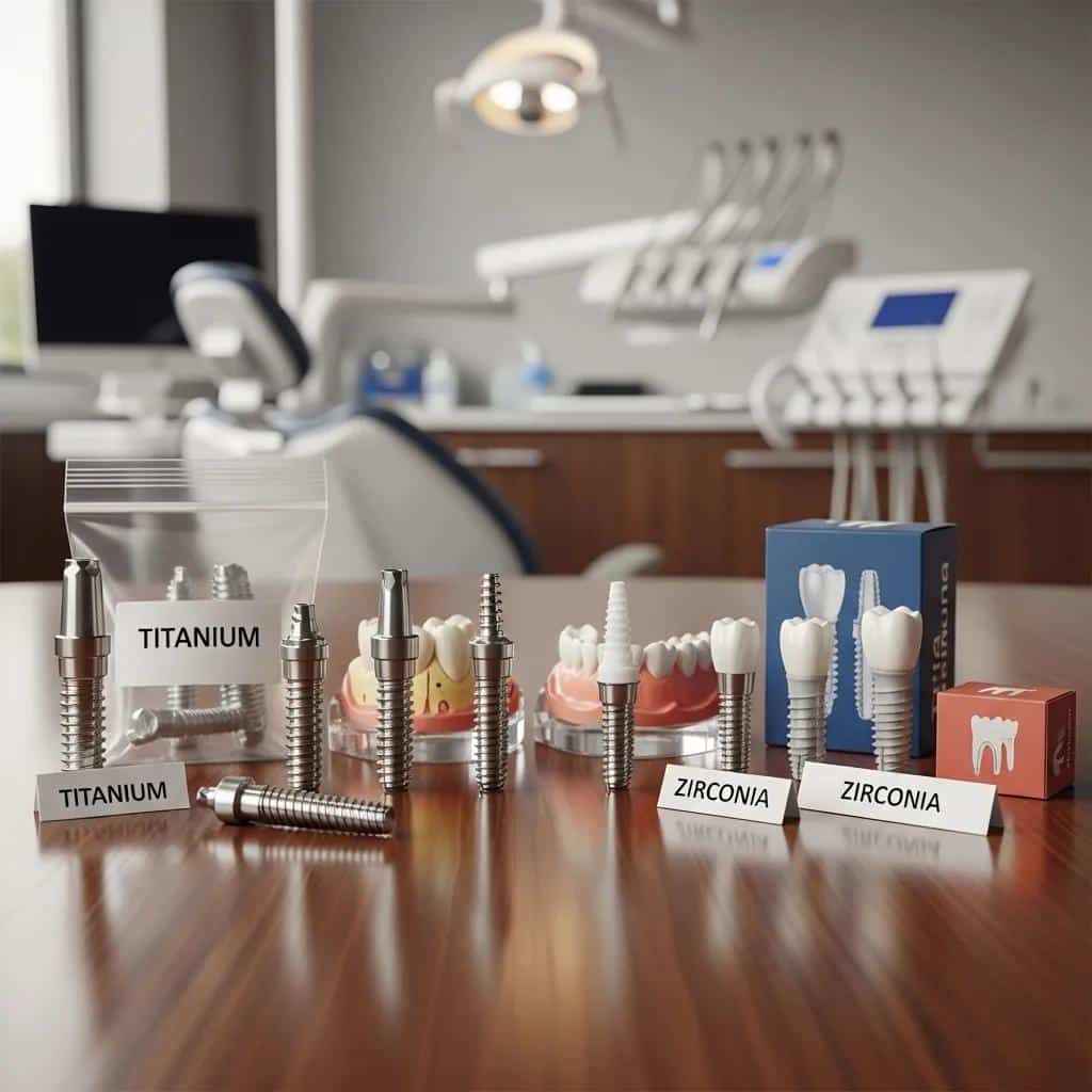 Different dental implant materials including titanium and zirconia on a table