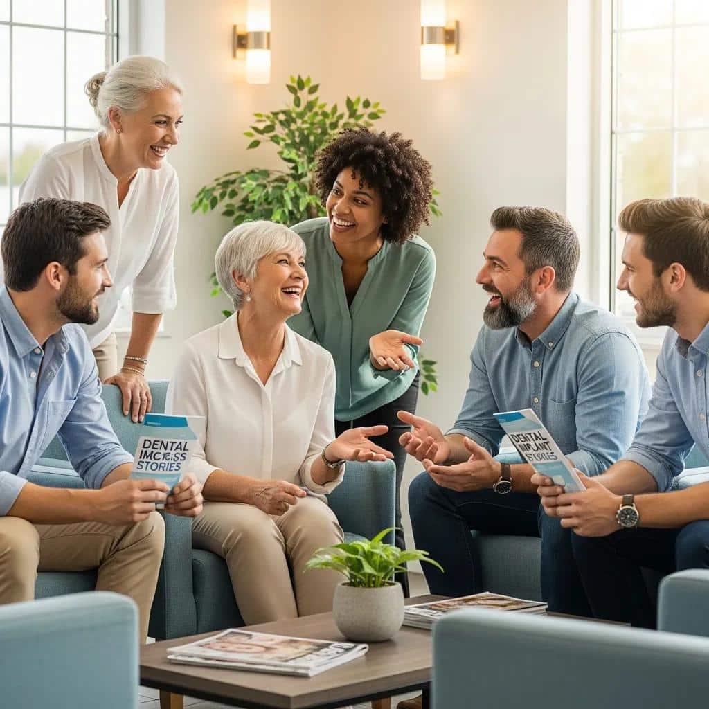 Diverse patients sharing positive experiences about dental implants in a cozy dental clinic