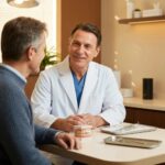 Friendly dentist consulting with a patient about dental implants in a welcoming clinic