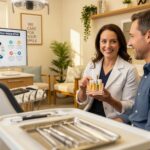 Friendly dentist discussing dental implant financing with a patient in a cozy dental office