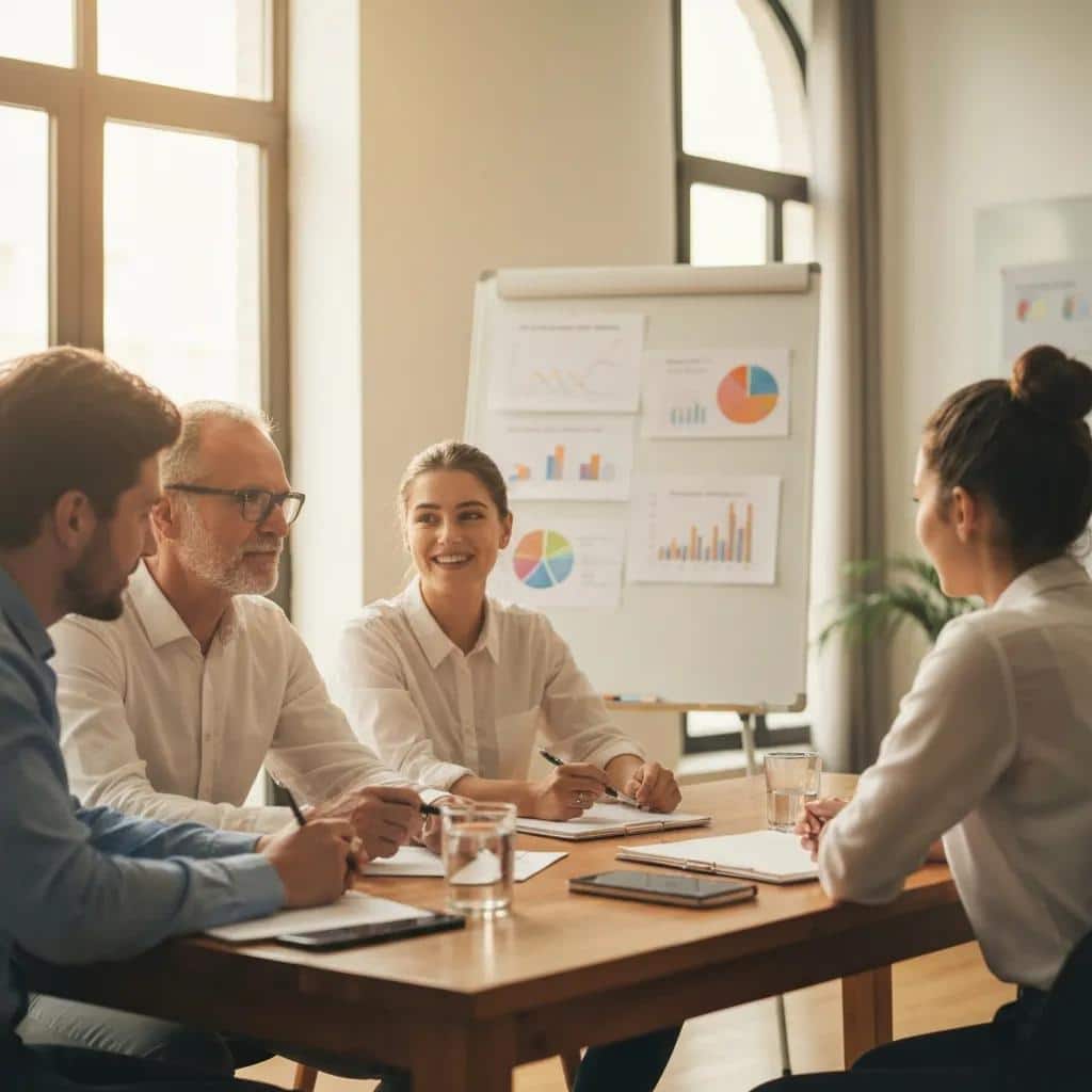 Small team discussing economic forecasts in a meeting
