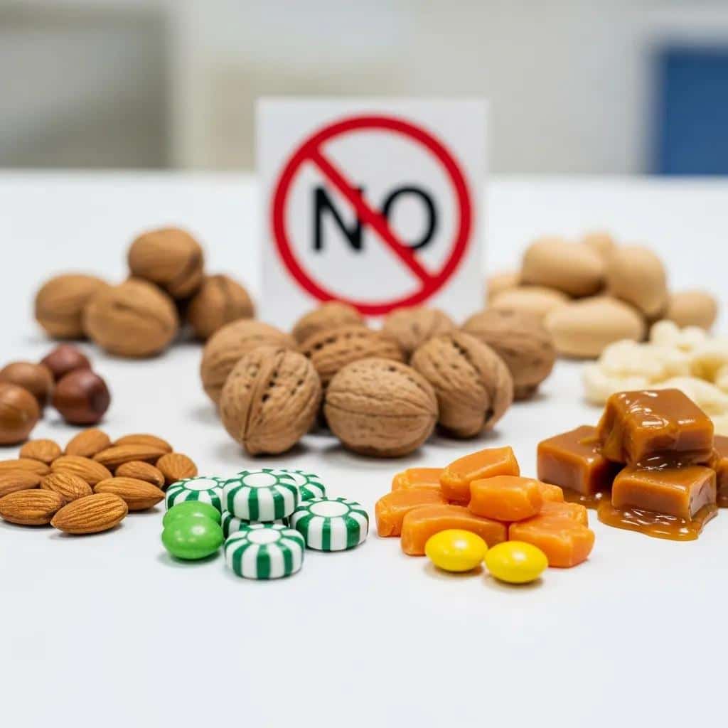 Hard and sticky foods to avoid after dental implant surgery including nuts and caramel