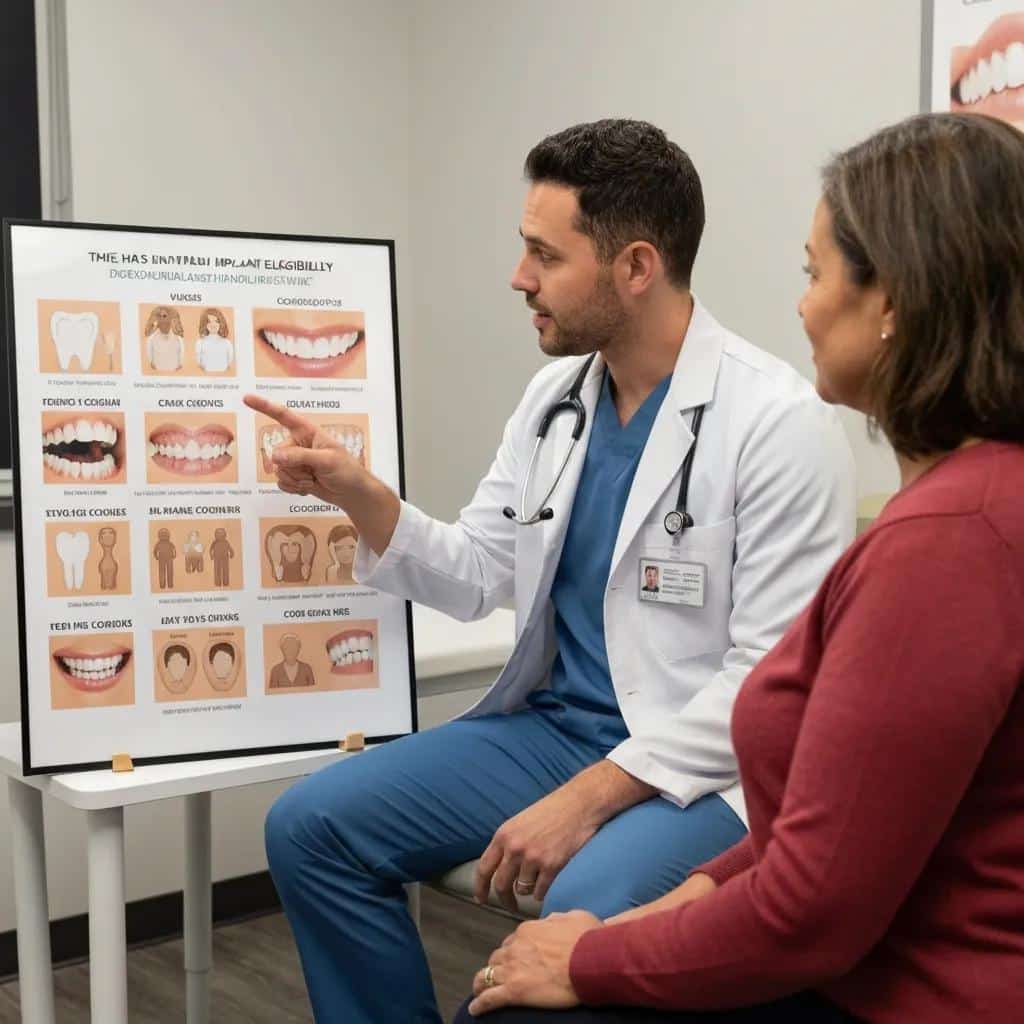 Clinician explaining implant candidacy to a patient using visual aids