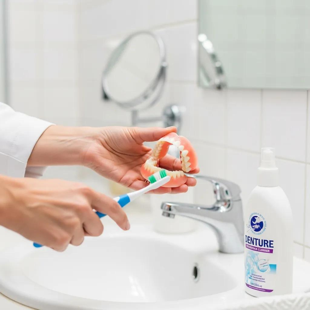 Individual cleaning dentures in a bright bathroom, highlighting the importance of denture maintenance for comfort