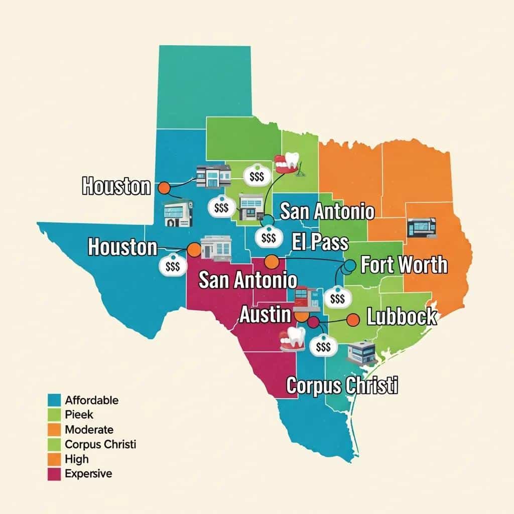Map of Texas highlighting cities with varying dental implant costs
