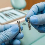 Mini dental implant held by a dentist in a clinical setting, highlighting its size difference compared to traditional implants
