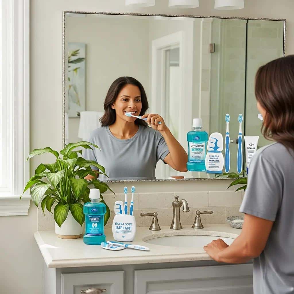Patient brushing teeth in a bathroom, emphasizing aftercare practices for mini dental implants