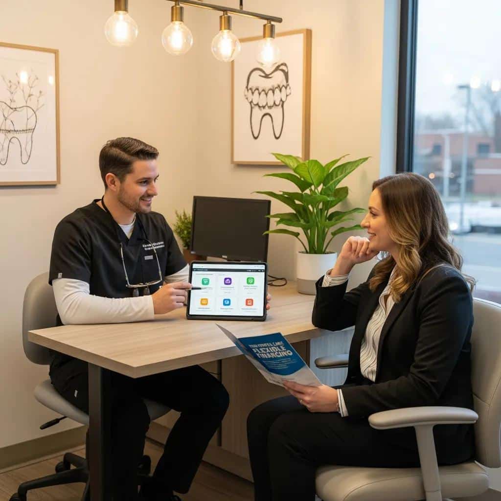 Patient discussing dental implant financing options with a dental professional