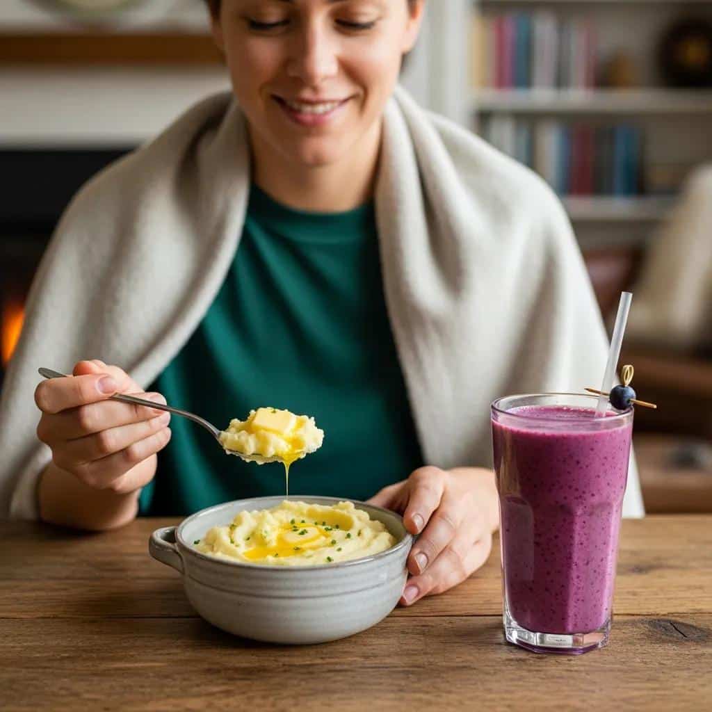 Patient enjoying soft foods like mashed potatoes and smoothies after dental procedure