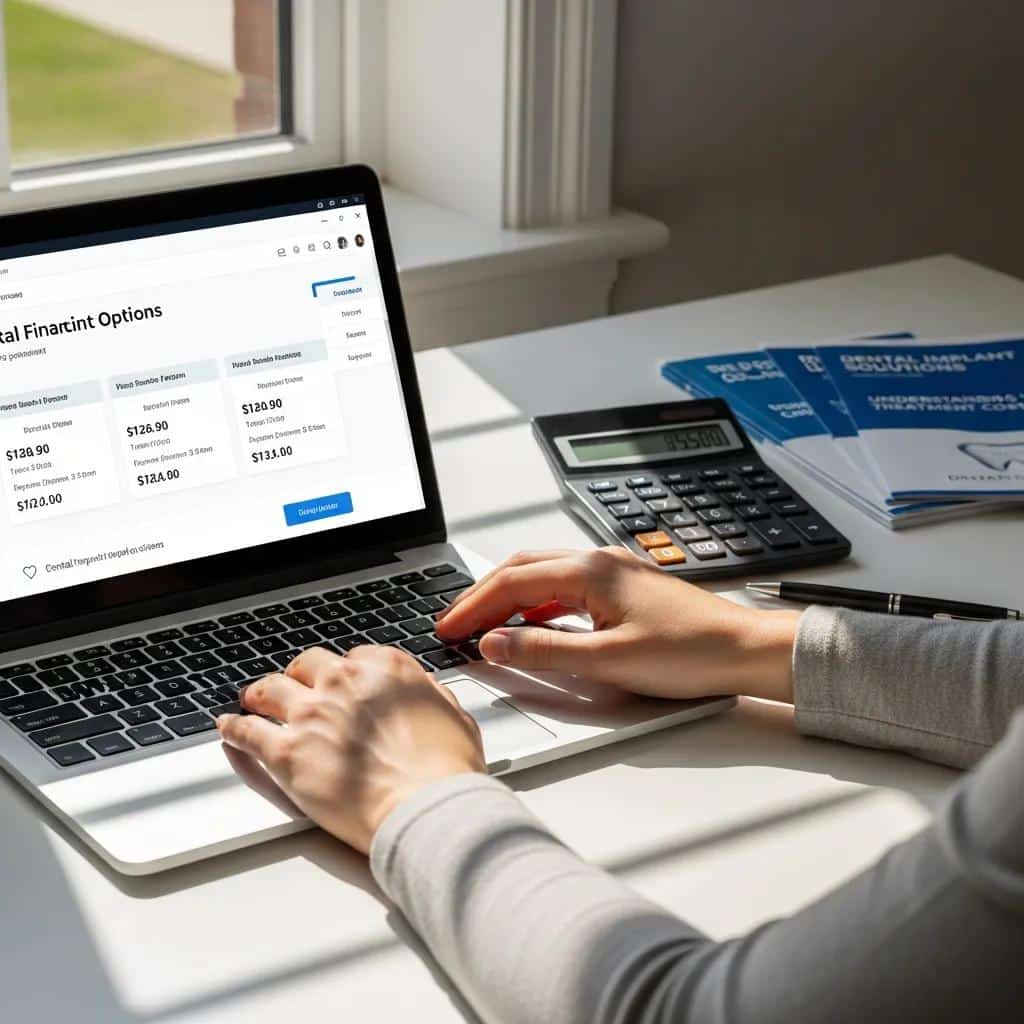 Patient exploring financing options for dental implants on a laptop with brochures and calculator