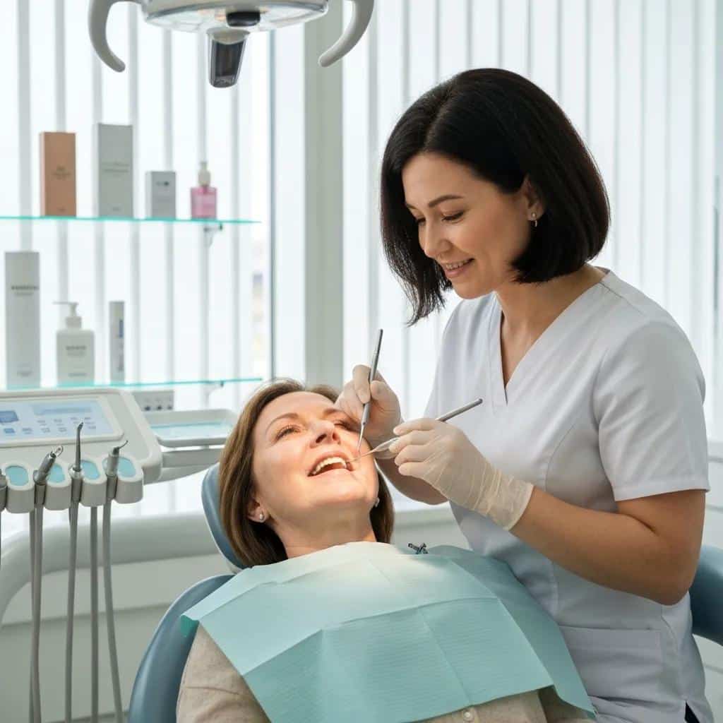 Patient practicing daily dental hygiene for implant maintenance