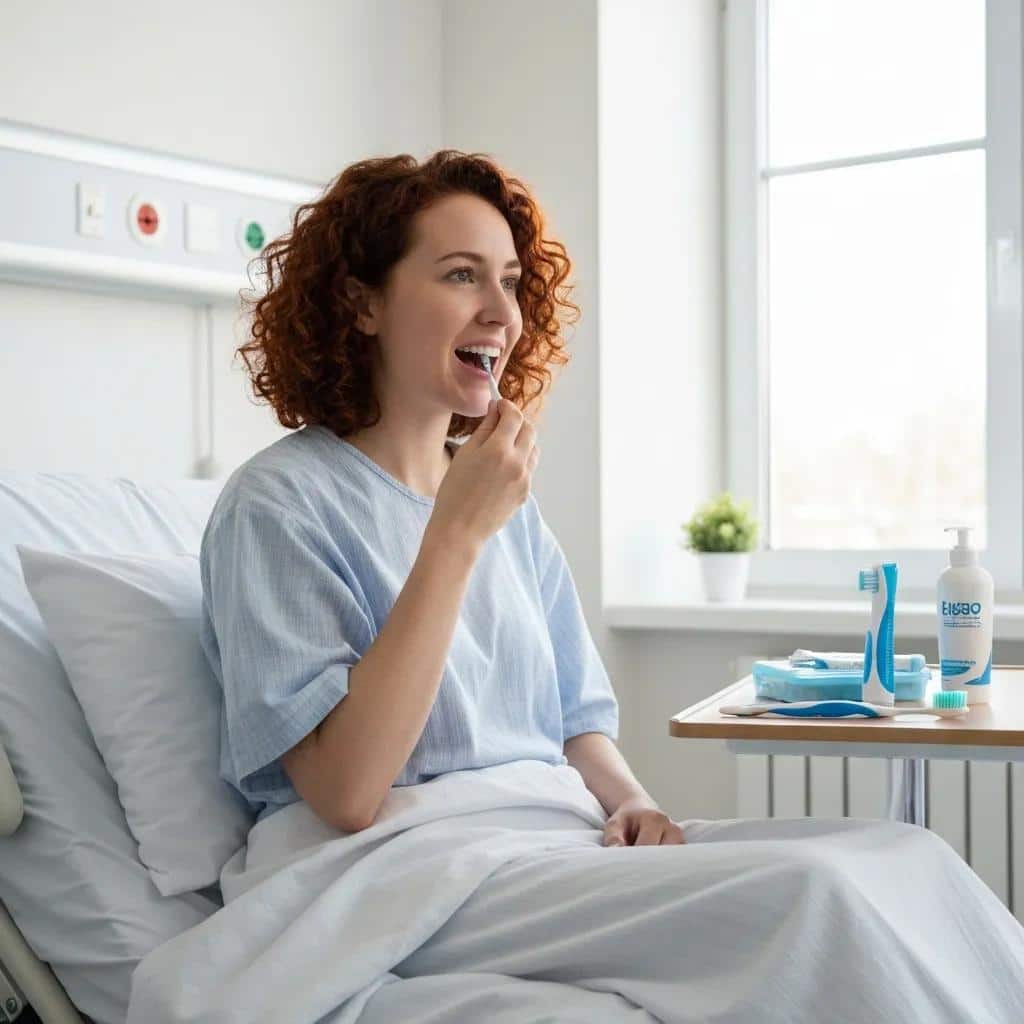 Patient using an interdental brush around an implant to maintain healthy gums and prevent infection