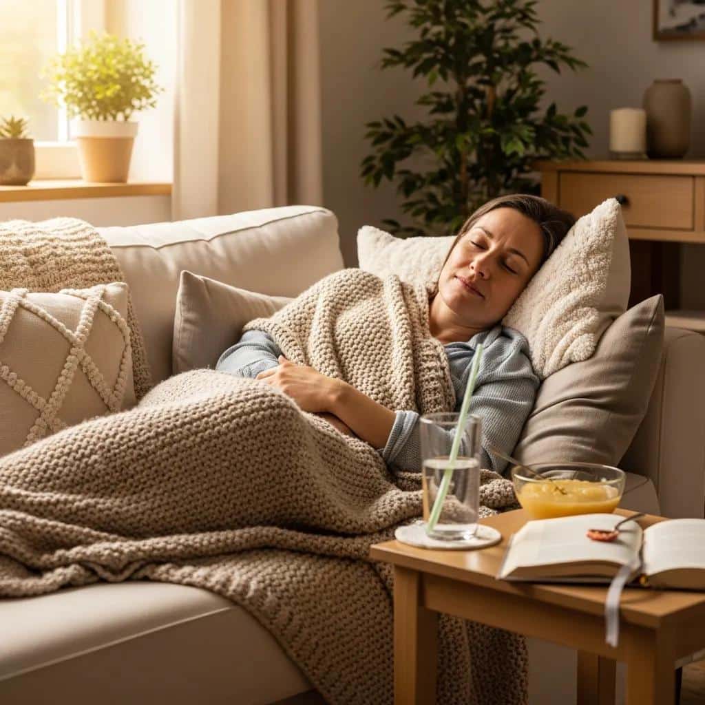 Patient resting at home during dental implant recovery, surrounded by supportive items in a warm atmosphere