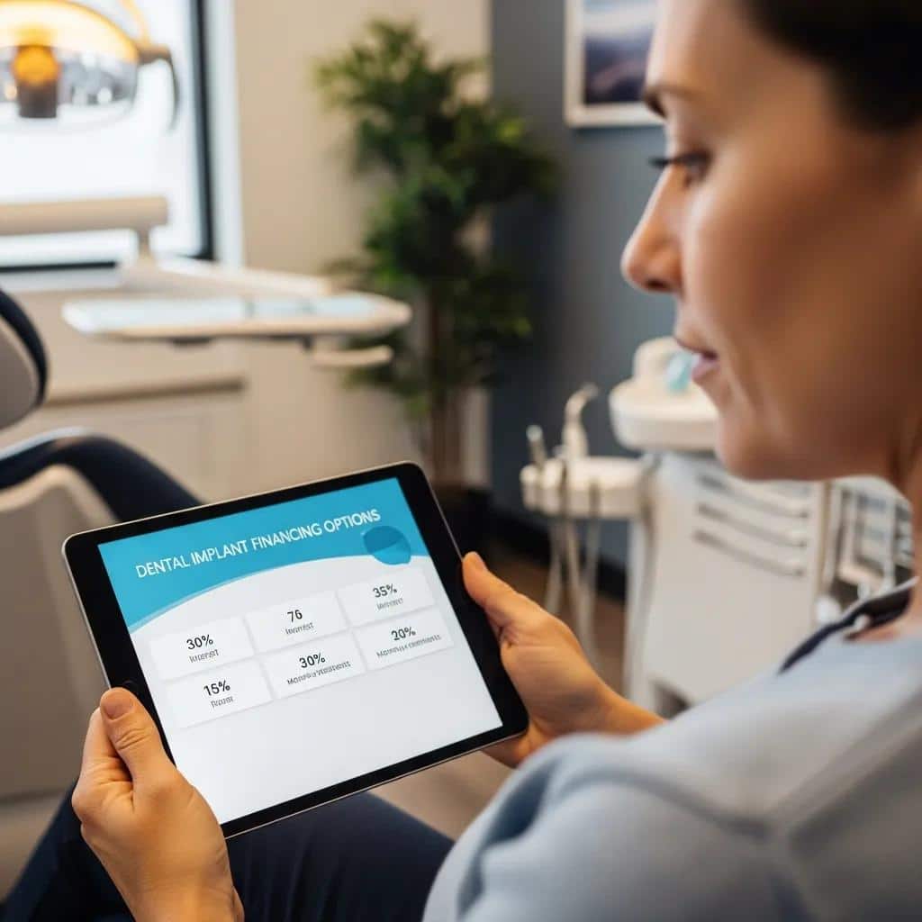 Patient reviewing financing options for dental implants on a tablet
