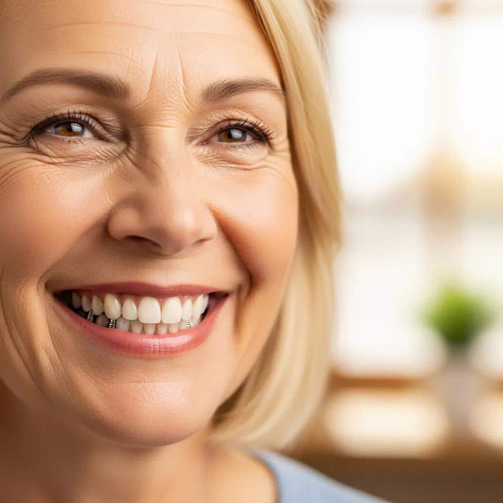 Smiling patient with dentures stabilized by mini dental implants