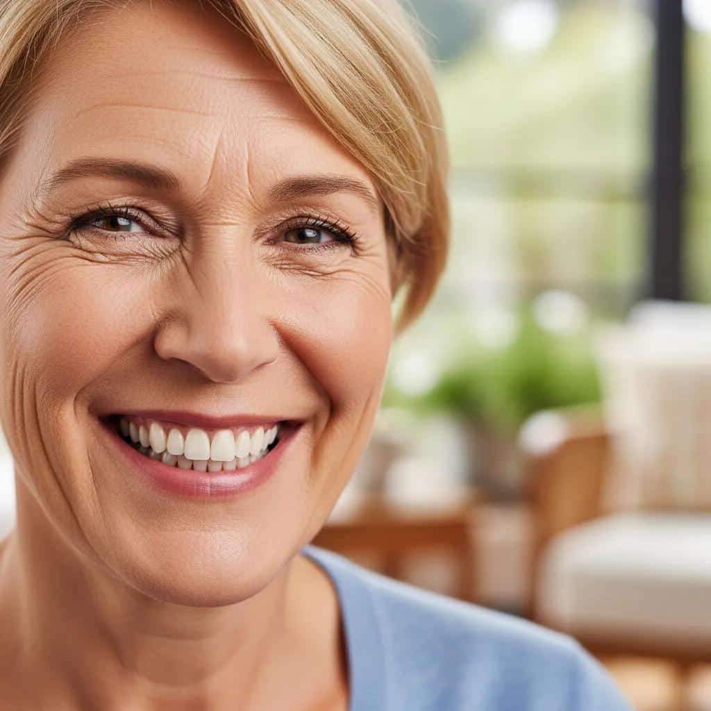 Smiling patient with secure dentures supported by mini dental implants