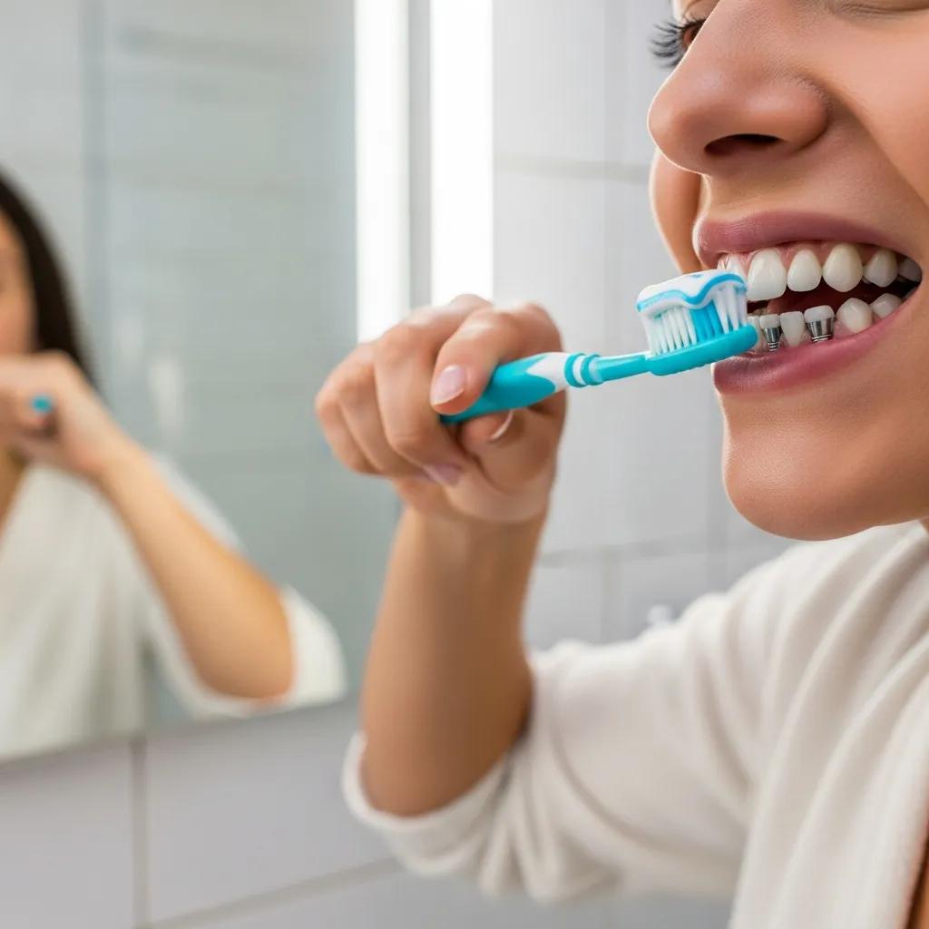 Person brushing teeth to maintain dental implants in a clean bathroom
