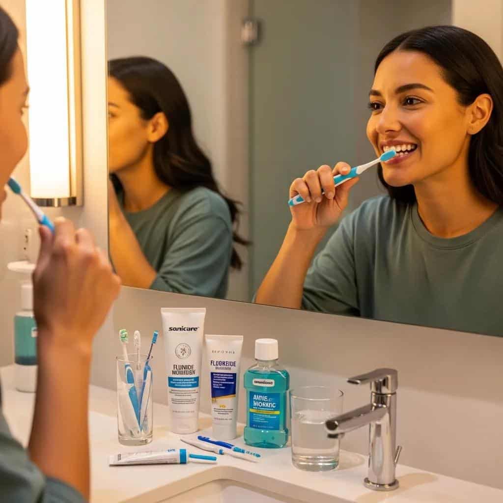 Person brushing teeth with a focus on dental implants in a bright bathroom setting