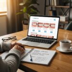 Person budgeting for dental implants with a laptop and notepad in a cozy home setting