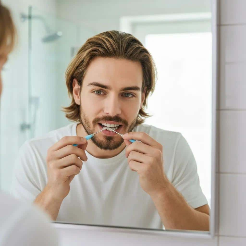 Person cleaning dental implants with an interdental brush in a bright bathroom setting