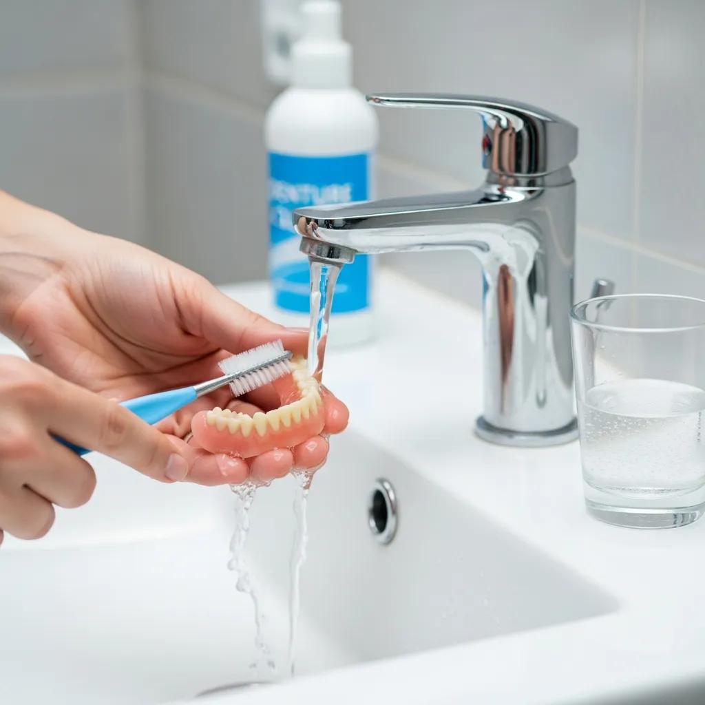 Person cleaning dentures at a bathroom sink to maintain comfort