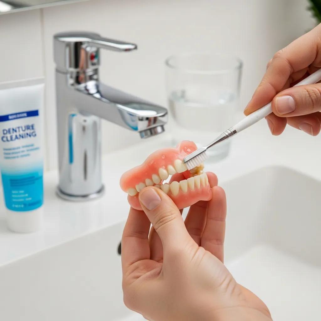 Person cleaning dentures with a soft brush in a bright bathroom, emphasizing care and hygiene