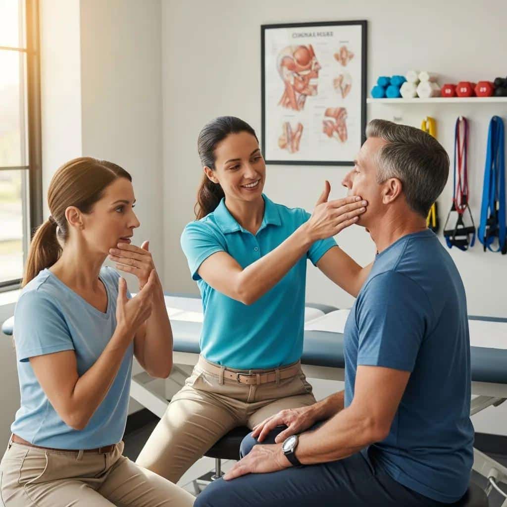 Physical therapist demonstrating jaw exercises for TMJ pain relief