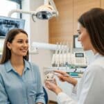 Smiling patient consulting with a dental professional about dental implants in a bright clinic